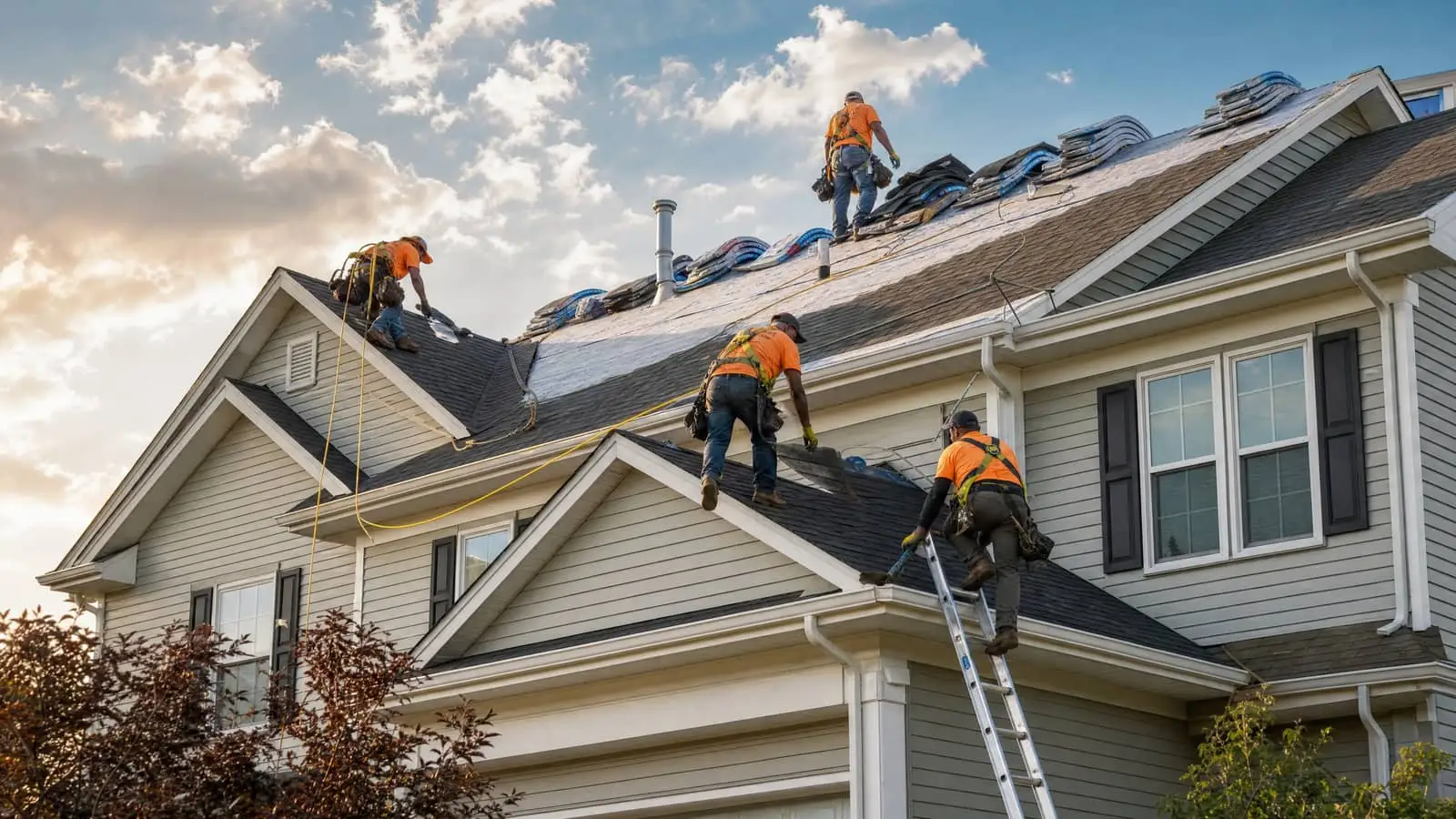 Roofers installing shingles on a suburban home