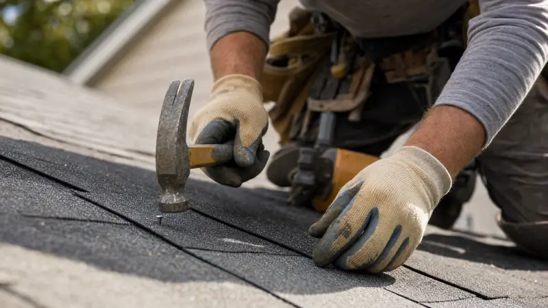 Roofer replacing damaged shingles